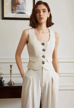 Load image into Gallery viewer, Sleeveless Contrast Button Vest in Cream