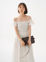 Load image into Gallery viewer, Off Shoulder Textured Pocked Maxi Dress in White