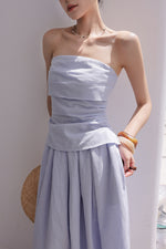Load image into Gallery viewer, Linen Blend Gathered Bustier Top // Trousers // Maxi Skirt Set in Blue