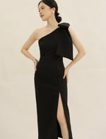Load image into Gallery viewer, Toga Bow Slit Midi Dress in Black-L