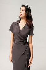 Load image into Gallery viewer, Collar Wrap Dress in Grey
