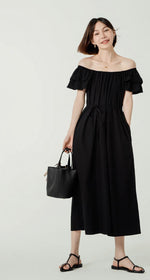 Load image into Gallery viewer, 2-Way Flutter Sleeve Midi Pocket Dress in Black