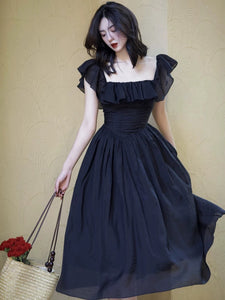 Tencel Blend 2-Way Ruffle Dress in Black