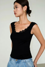 Load image into Gallery viewer, Lace Trim Stretch Top in Black