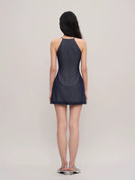Load image into Gallery viewer, Chambray Bow Mini Dress in Navy
