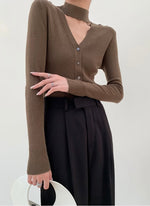 Load image into Gallery viewer, High Neck Cutout Button Top in Brown