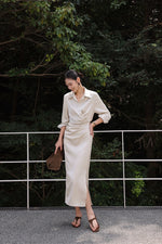 Load image into Gallery viewer, Satin Gathered Shirt Dress in Champagne