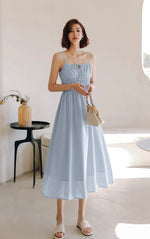 Load image into Gallery viewer, Ribbon Tie Gather Dress in Blue