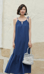 Load image into Gallery viewer, Checked Flute Hem Maxi Dress in Blue