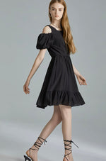 Load image into Gallery viewer, 2-Way Off Shoulder Flare Dress in Black