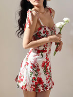 Load image into Gallery viewer, Chrysan Floral Tie Strap Mini Dress in White/Red