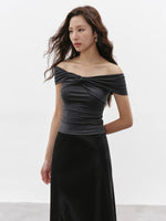 Load image into Gallery viewer, Tencel Off Shoulder Twist Top in Grey