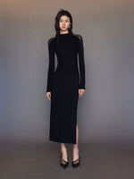 Load image into Gallery viewer, Sheer Panel Slit Stretch Dress in Black