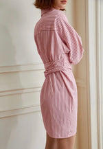 Load image into Gallery viewer, Long Sleeve Striped Wrap Shirt Dress in Pink