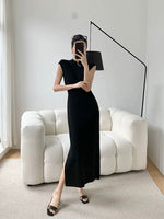 Load image into Gallery viewer, Light Knit Cheongsam Dress in Black