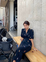 Load image into Gallery viewer, Embroidered Floral Cutout Dress in Navy