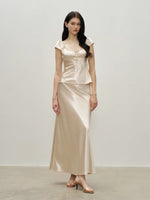 Load image into Gallery viewer, Satin Babydoll Top// Maxi Slip Skirt in Champagne Gold