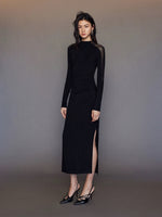 Load image into Gallery viewer, Sheer Panel Slit Stretch Dress in Black