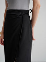 Load image into Gallery viewer, Midi Wrap Tie Slit Skirt in Black