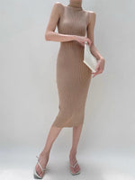 Load image into Gallery viewer, High Neck Ribbed Sleeveless Dress in Latte