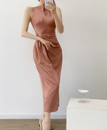 Load image into Gallery viewer, Textured Gathered Sheath Dress in Crimson