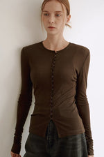 Load image into Gallery viewer, Korean Magie Tencel Blend Stretch Button Top in Brown