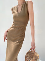 Load image into Gallery viewer, U Neck Knit Midi Sleeveless Dress in Latte