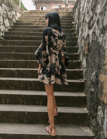 Load image into Gallery viewer, Floral Flare Mini Wrap Dress in Navy