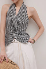 Load image into Gallery viewer, Tencel Blend Checked Twist Sleeveless Top in Black/White