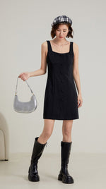 Load image into Gallery viewer, Tweed Button Shift Dress in Black