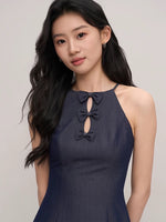 Load image into Gallery viewer, Chambray Bow Mini Dress in Navy