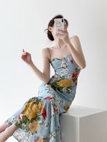 Load image into Gallery viewer, Floral Cami Tie Flute Hem Maxi Dress in Blue