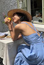 Load image into Gallery viewer, Tencel Blend Criss Cross Back Tie Maxi Dress in Blue