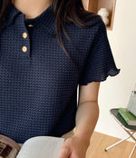 Load image into Gallery viewer, Korean Soft Waffle Polo Top in Navy