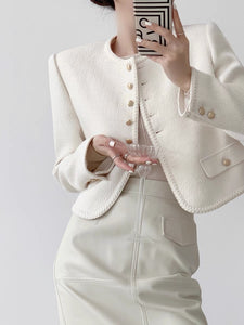 Mini Button Curve Tweed Jacket in White