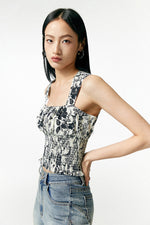 Load image into Gallery viewer, Etoile Printed Cutout Back Top in White/Blue
