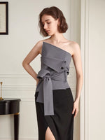 Load image into Gallery viewer, Asymmetric Wrap Tie Bustier Top in Grey