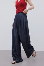 Load image into Gallery viewer, Wide Leg Zip Chambray Trousers in Navy