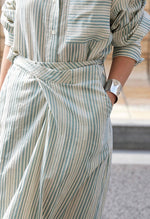 Load image into Gallery viewer, Linen Blend Striped Tie Maxi Skirt in Green