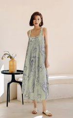 Load image into Gallery viewer, Printed Pleated Trapeze Dress in Green