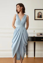 Load image into Gallery viewer, Gathered Drape Sleeveless Dress in Blue