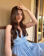 Load image into Gallery viewer, Linen Blend Tie Back Halter Maxi Dress in Blue