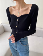 Load image into Gallery viewer, Sweetheart Button Knitted Long Top in Black