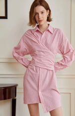 Load image into Gallery viewer, Long Sleeve Striped Wrap Shirt Dress in Pink
