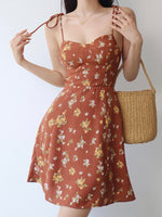 Load image into Gallery viewer, Ibizia Floral Tie Strap Mini Dress in Brown