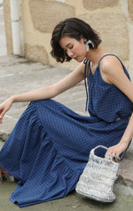 Load image into Gallery viewer, Checked Flute Hem Maxi Dress in Blue