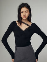 Load image into Gallery viewer, Tencel Blend Asymmetric Lace Trim Top in Black