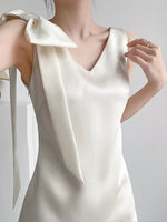 Load image into Gallery viewer, Satin Bow Pocket Mini Dress in White