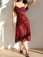 Load image into Gallery viewer, Salvia Floral Cami Tie Slit Midi Dress in Red