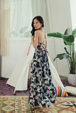 Load image into Gallery viewer, Drop Back Criss Cross Floral Dress in Navy